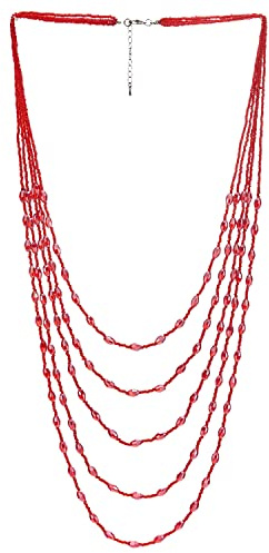 COOLSTEELANDBEYOND Rot Statement Halskette Multi-Schichten Lange Kette mit Ovalen Kristall Perlen Charme Anhänger