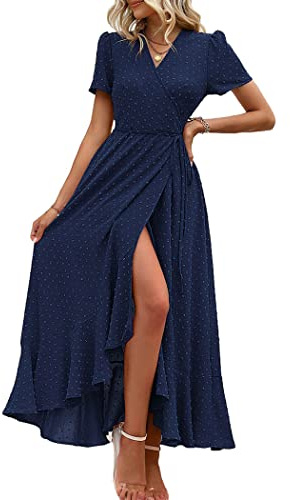 PRETTYGARDEN Women's Summer Wrap Maxi Dress Casual Boho Floral V Neck Short Sleeve Ruffle Hem Split Beach Long Dresses (Z_Navy,Large)