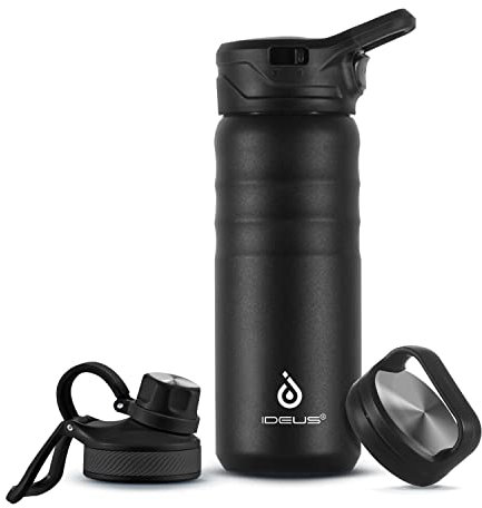 IDEUS Vakuumisolierte Wasserflasche, 18oz (540 ml) Edelstahl Doppelwand Flasche Metall Sport Kantine mit auslaufsicherem Schraubverschluss (Schwarz)