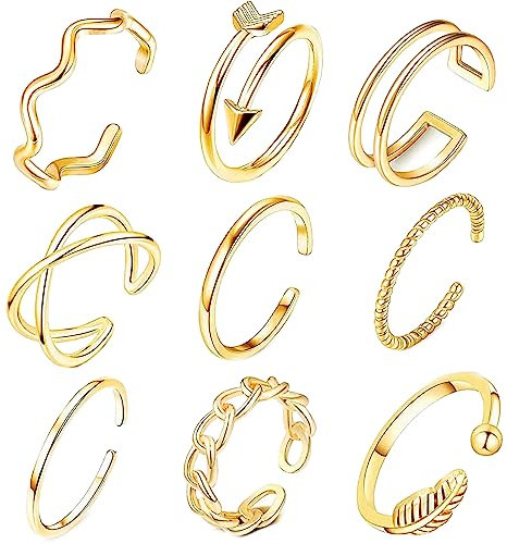 GHYUI Ringe Set Gold für Frauen, Verstellbare Boho Niedliche Minimalistische Vintage Fingerringe, Knoten Wellen Stapelbar Statement Modeschmuck für Damen Mädchen 9PCS