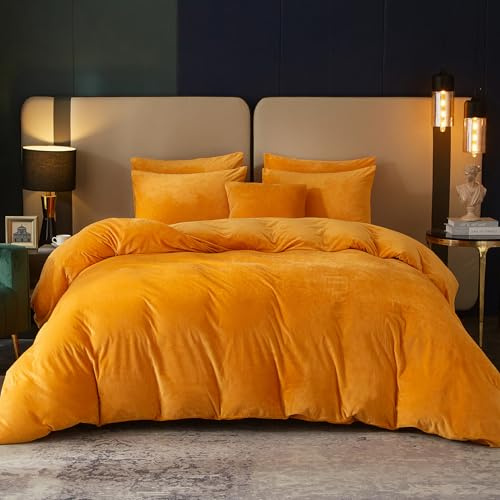 SE SOFTEXLY Velvet Duvet Cover King Size, Soft Flannel Duvet Cover with Zipper Solid Breathable Silky Velour Comforter Cover, Luxury Cozy Winter Duvet Cover Set with 2 Pillowcases, 90 x 104, Yellow