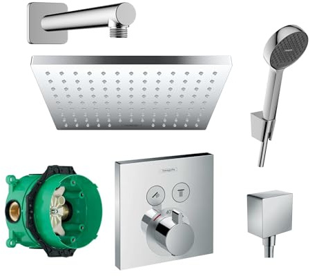 Hansgrohe Duschsystem Unterputz mit Duscharmatur Hansgrohe HGK05 poliert | Duscharmatur von Hansgrohe Shower Select Thermostat Armatur und Hansgrohe Regendusche Duschkopf eckig, Dusch-SET poliert