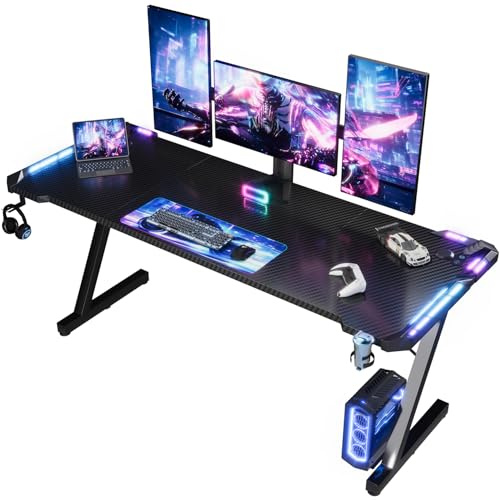 Devoko 160 x 60cm Scrivania Gaming LED, Tavolo Gaming Ergonomica, Scrivania per Computer con Porta Bicchiere e Ganci per Cuffie, Postazione con Piano del Tavolo in Fibra di Carbonio, Nero