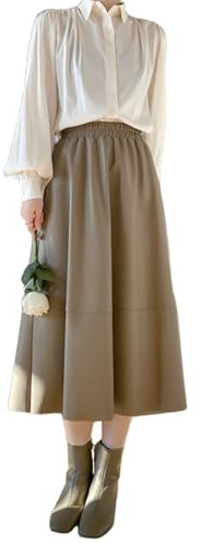 BWGHBH Dam fuskläderkjol retro hög midja veckad lång A-linje midikjol med fickor, Khaki, en storlek