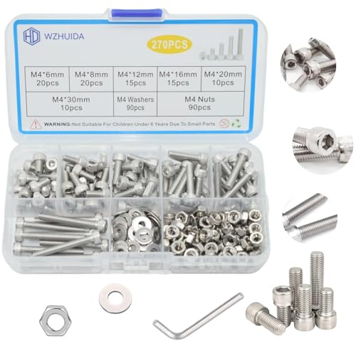 WZHUIDA 270 Stück M4 Schrauben Set, Zylinderschrauben mit Muttern und Unterlegscheiben Sortiment Kit, Edelstahl Innensechskant Schrauben Set, Sechskopfschrauben Muttern mit Schraubenschlüssel