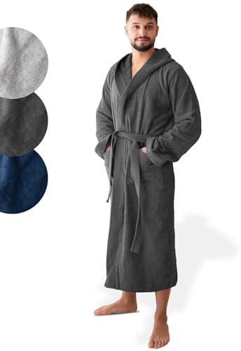 SIEGENTHAL® Herren Bademantel Frottee Velours 100% Baumwolle - Kapuzenbademantel, weich, saugfähig, warm, lang, Luxus, Premium, Wellness, Spa, hochwertige Verarbeitung, Dunkelgrau XL XXL