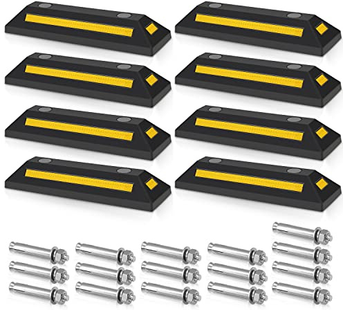 Fiqops - 8 fermaruote in gomma con strisce riflettenti gialle, 54 x 15 x 10 cm, delimitatore di parcheggio, blocco parcheggio, fermaparcheggio con vite di tensione, blocchi parcheggio per parcheggi