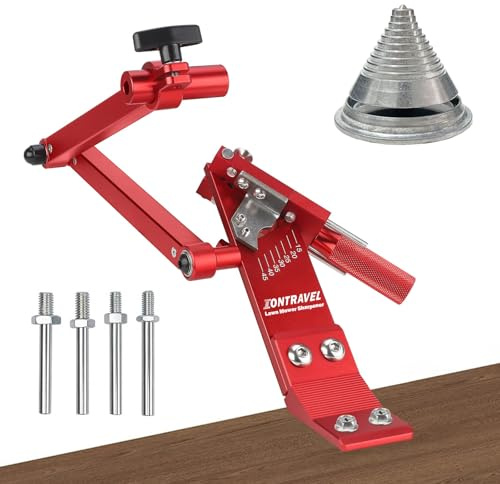 Aiguiseur de lame de tondeuse à gazon avec poignée de fabrication à roulement à billes et cadre réglable de 15 ° à 45 ° pour lames de tondeuse à gazon droites et standard, 5005, rouge