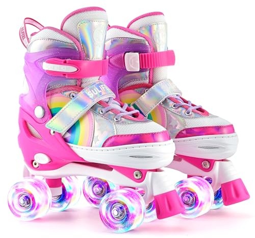 SULIFEEL Rainbow Unicorn Verstellbare Rollschuhe für Kinder mit Leuchtenden Rädern für Mädchen und Jungen