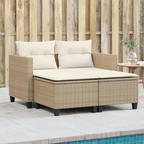 Homgoday Gartensofa 2-Sitzer mit Hockern Gartenlounge Set Balkonsofa Rattansofa Gartensofa Loungesofa Terrassensofa Lounge Sofa Sitzgruppe Gartenset Beige und Cremeweiß Poly Rattan