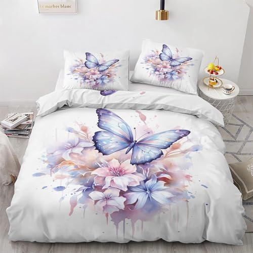 zcwl Schmetterling Bettwäsche 135x200 Sommer, Blumen Aquarell Bettbezug Set 2 teilig, Weiche Kuschelige Mikrofaser Bettwäsche-Sets, Wendebettwäsche und 1 Kissenbezug 80x80 mit Reißverschluss