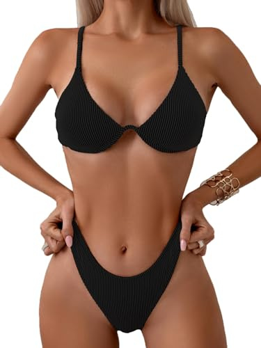 Fanuerg Damen-Bikini mit Bügel, Triangel-Bikini, Spaghettiträger, Push-Up-Badeanzug, frech, Zweiteiliger Badeanzug, Schwarz, Medium