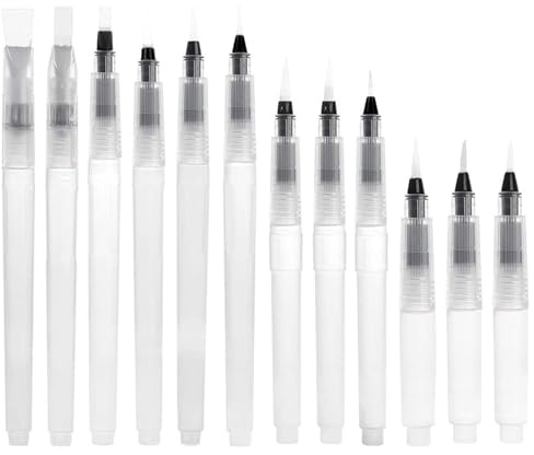 12 Stück Kunststoff Wasserpinsel Stifte Set, Aquarellpinsel mit Befüllbarer Wassertank, Water Brush Pens für Wasserfarbenmalerei, Farbmischen, Kalligraphie, Zeichnung