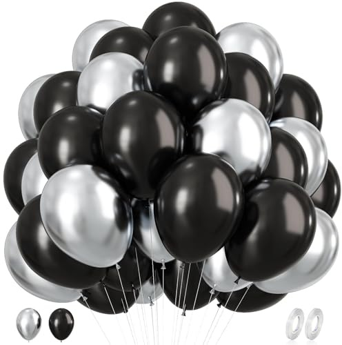 Globos negros y plateados, 60 unidades, globos negros y plateados de 12 pulgadas con globos plateados metálicos para cumpleaños, bodas, aniversarios, graduaciones, despedidas de soltera, compromiso,