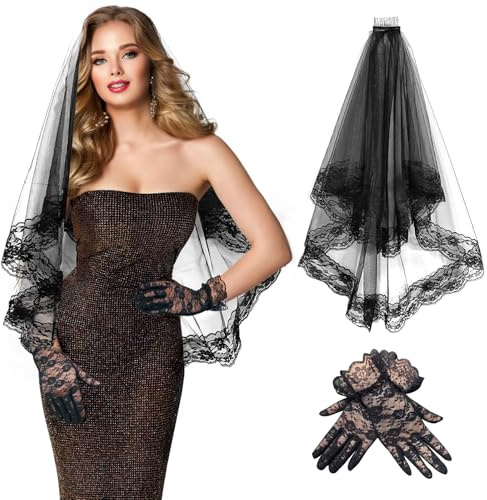 SwirlColor Velo da Sposa di Halloween e Guanti Pizzo, Velo da Sposa Nero con Pettine Florale e Guanti Pizzo per Donna per Costume di Halloween della Gallina Nuziale