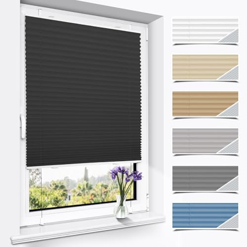 Plissee Verdunklung ohne Bohren Verdunklungsplissee Klemmfix Schwarz 80x80cm(BxH) Faltrollo 100% Blickdicht Sonnenschutz & Schallschutz Plisseerollo für Fenster & Tür