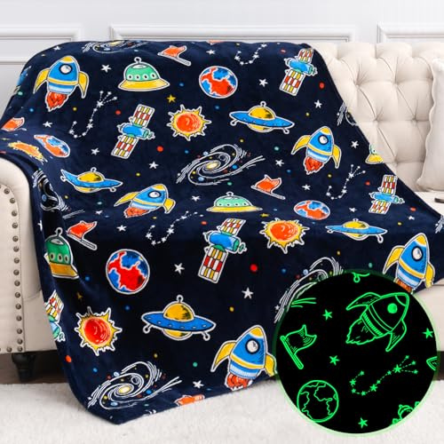 Jekeno Space Toys Gifts for Boys Girls - Glow in The Dark Galaxy Blanket Christmas Birthday Valentines Easter Decor Presents for Grandkids Age 1-14 Year Old Kids Spaceship Rocket Planet Throw 50x60