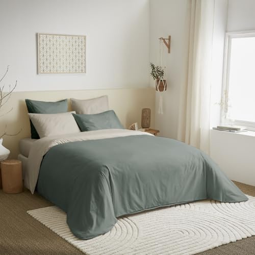 univers decor Pack Complet 6 pièces 240 x 220 cm Bicolore et réversible pour lit 2 Places 160 x 200 cm 100% Coton / 57 Fils/cm² (Eucalyptus/Lin, Pack 6 pièces 240 x 220 lit 160 x 200 cm)