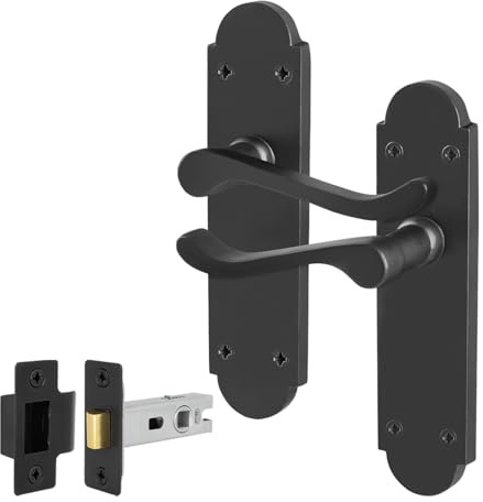 EAI Matt Black Door Handles with Latch 64mm - Victorian Scroll | Complete Latch Kit with 1 Pair of Victorian Scroll Lever on Backplate Door Handles, 64mm Latch, Fixings Included