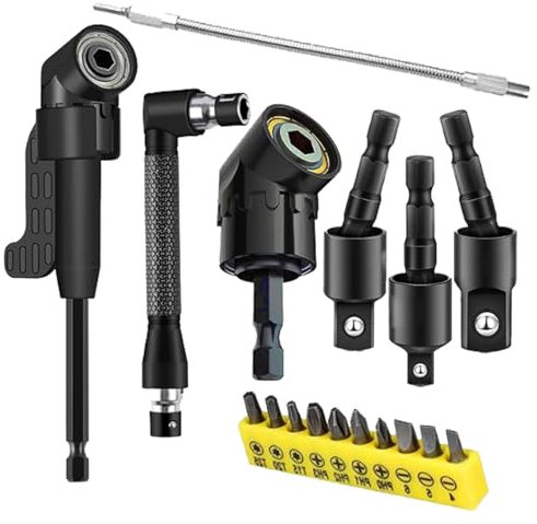 17-Piece Flexible Drill Bit Extension Set with 3 rotatable socket adapters, 2 hex shank 105° right angle drill attachments, 10 short screwdriver bits, and a 90° angled bit with a flexible extension