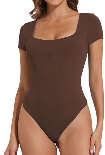 Joyshaper body damer kortärmad bodysuit kantig urringning stringbody elegant dambody sommar topp toppar t-shirts, Brun/kantig hals, XL