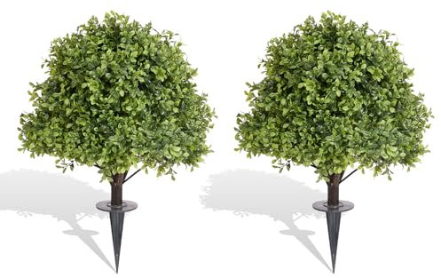 27 Tall Artificial Boxwood Ball Topiary Trees Set of 2, UV Resistant Large Faux Plants Outdoor, 2ft Fake Bushes and Shrubs Look Real with Ground Spike for Front Porch Outside Planter Backyard Decor