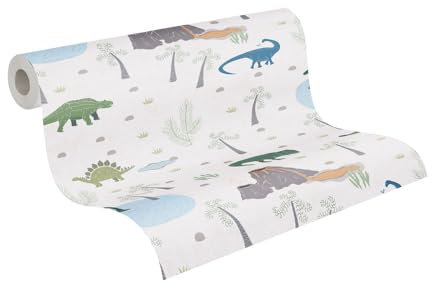 A.S. Création Kinderzimmer-Tapete Lilly & Luis - Strapazierfähige Vliestapete in Dinosaurier-Optik - 10,05 m x 0,53 m - Blau, Bunt, Grün - Made in Germany – 771401