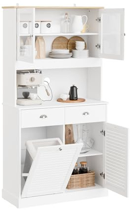 SoBuy Hochschrank mit Glastüren & Kippfach Küchenschrank mit Mikrowellenfach, Sideboard Kommode mit Türen & Schubladen für Küche, Wohnzimmer & Vorratsraum Weiß 92x180x40cm FSB101-W