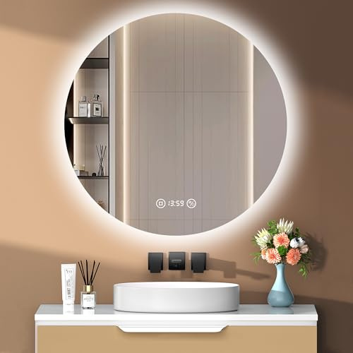 PESENXAN Runder Spiegel mit Beleuchtung 60cm, LED Spiegel Bad mit Licht, Uhr, Beschlagfrei, 3 Lichtfarben, Dimmbar, Touch-Schalter, Speicherfunktion, Rund Ip44 Wasserdicht Badezimmerspiegel
