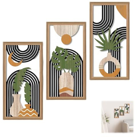 Xheanxu Decor Boho Abstract Wall Art Set of 3, Framed Wall Art, Botanical Boho Wall Decor for Bedroom, Canvas Wall Art, Minimalist Wall Decor Pictures for Living Room Bedroom Bathroom Office (A)
