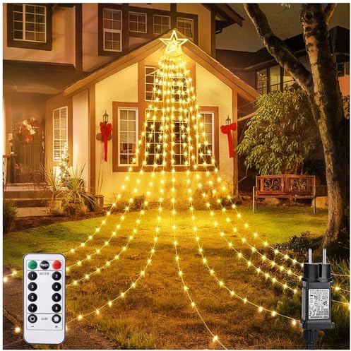 POIFL Luci Natale Esterno, 344 LED Luci Albero di Natale e 9 Fili-3.6M con Timer, IP65 Stella Luci Natale Esterno Cascata, 8 Modalità/10 Luminosità Tenda Luminosa Natale per Esterne, de luces LED
