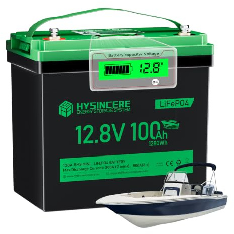 HYSINCERE 12V 100Ah LiFePO4 Trolling Motor Batterie mit LED Display, 120A BMS, IP65 wasserdicht, bis zu 15000 Zyklen, 12V Lithium Deep Cycle Batterie für Wohnmobil, Solar, Marine