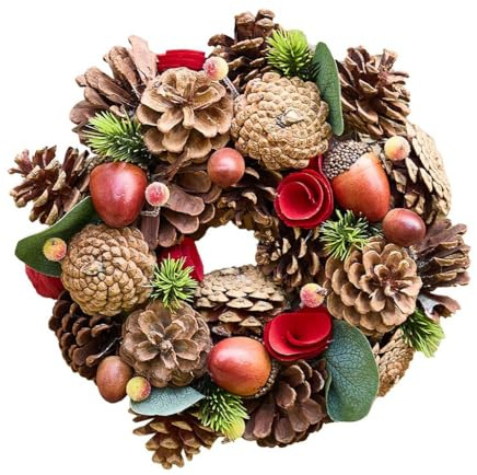 Autumn Wreath Natural Pine Cone Front Door Wreath with Faux Acorns 10 | Wooden Flowers, Faux Berries, Hallowee, Fall, Autumn, Wreath, Garland, Decoration, Rustic Style