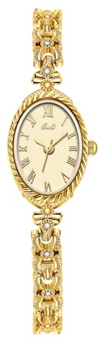 CARLIEN Fashion Vintage Gold Oval Quartz Watches for Women - Alloy Steel Band Slim Bracelet - Roman Numerals Numbers - Dainty Elegant Dress Wristwatch Waterproof (Gold)