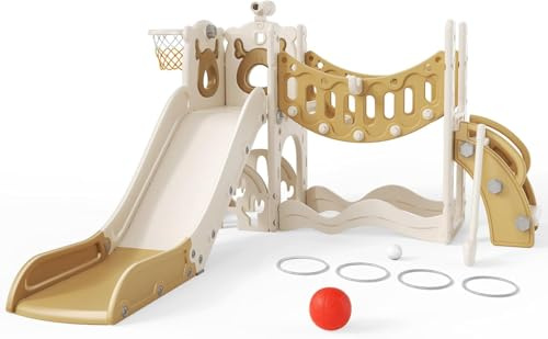 Kinderrutsche, große Kleinkind Rutsche mit Basketballkorb,Klettergerüst für den Garten, Teleskop, Stauraum, für 1-3 Jahre,extra Lange 1700 mm (((Sechs-in-eins-Elch-Slide-Active-Version (Khaki))))