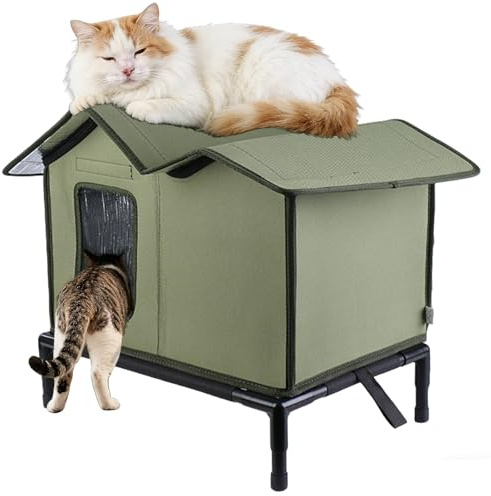 Katzenhaus im Freien, Isoliertes Haustierhaus Winterfest Wasserdicht, Katzenhaus Tierheim mit Erhöhtem Sockel und Fluchttüren, Katzenhöhle Haustier Haus für Streuner Haustiere