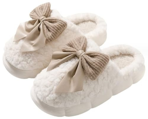 Peosaard Fuzzy Slippers, Plush Slippers, 3D Bow, Cute Warm for Women, Non-Slip Winter Comfy Fuzzy for Indoor House Women US Size 7.5-8.5/ EU 38-39, Bow