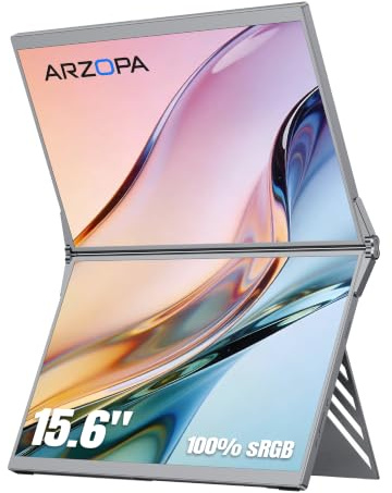 ARZOPA Moniteur Portable Double 15,6 Écran FHD IPS 100% sRGB, Pliant Extension pour Laptop, USB-C & HDMI avec Réglable, pour Mac PC Windows Gaming Télétravail Bureau Voyage-E1