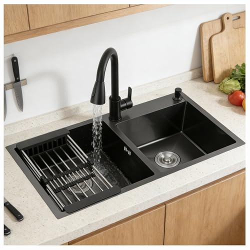 Lavello da cucina rettangolare a doppia vasca in acciaio inox, artigianale, lavello sottopiano e sopratop estraibile scarico, professionale per ristorante bar e caravan(Black,80x45)