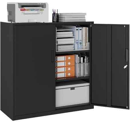 YOUDENOVA Aktenschrank, 90 x 90 x 40 Metallschrank abschließbar mit 2 Türen, Mehrzweckschrank mit 3 Ebenen, verstellbare Ablagen, Werkzeugschrank für Büros, Ateliers und Garagen, Schwarz