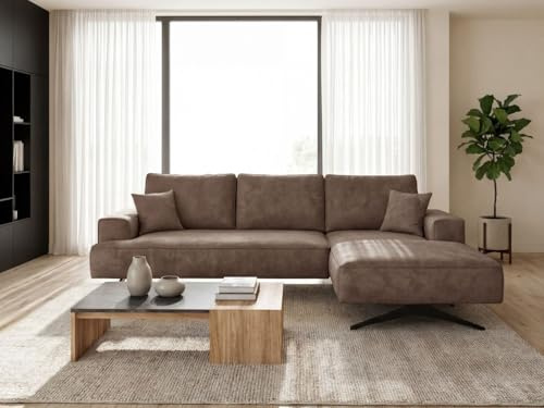 GRAINGOLD Leto Ecksofa 260x165 cm, L-Form Sofa, Ecksofa für Wohnzimmer, Velours-Stoff, 3-Sitzer Eckcouch, Modernes Design (Braun, Rechts)