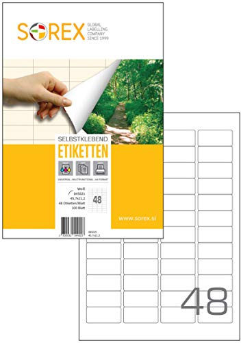 Sorex 45,7x21,2 mm Universal Etiketten Selbstklebend Weiß für alle Drucker, 100 Blatt DIN A4, Premium Aufkleber, Starke Klebekraft, Barcode, Adressetiketten, Gerundet, 48 Etiketten/Blatt