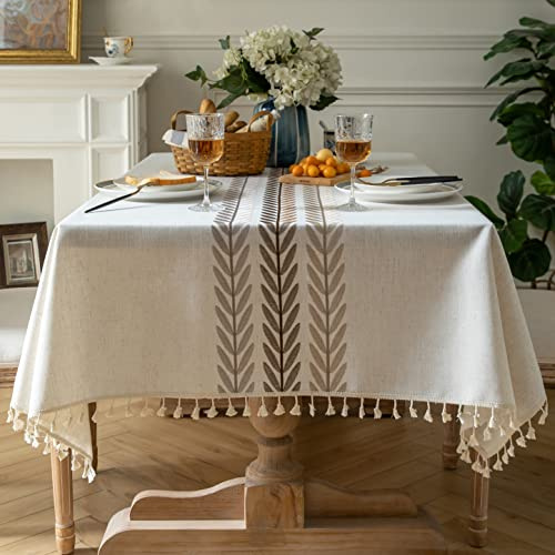 Oubonun Wipe Clean Cotton Linen Rectangle Tablecloth with Tassels – Wipeable, Wrinkle Free & Washable Table Cloth for Kitchen & Dining, 140 x 178 cm, Fits 4–6 Seater Table