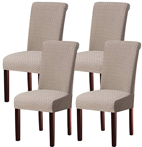 KELUINA Stretch-Stuhlhussen für Schwingstühle, Khaki, 4er-Set | Elastischer Jacquard-Bezug mit Gummizug – passgenau, pflegeleicht und ideal für Alltag, Feiern und Gastronomie.
