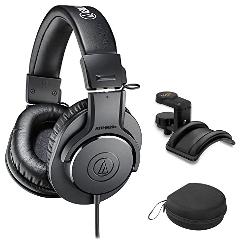 Audio-Technica ATH-M20x Closed-Back Monitor Headphones Bundle with Auray Headphones Holder and Headphone Case