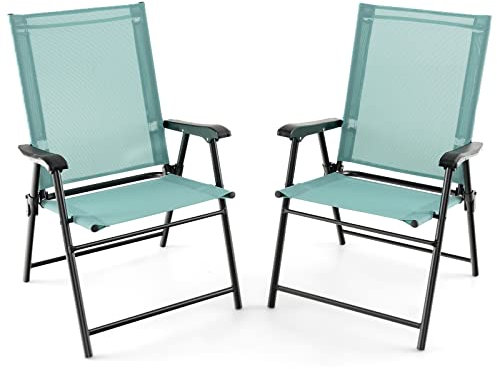 GIANTEX 2er Set Gartenstuhl klappbar, Klappstuhl Hochlehner Balkonstuhl, Terrassenstuhl mit hohen Rücken- & Armlehne, Garten Essstuhl wetterfest aus Metall & Textil, bis 150 kg belastbar (Minzgrün)