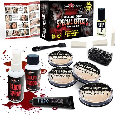 Dress Up America Kit Per Il Trucco Di Halloween - Set Di Pittura Per Il Viso Con Cera Per Viso E Corpo, Lattice E Sangue Finto - Set Di Trucco Realistico E Sanguinolento Per Halloween SFX