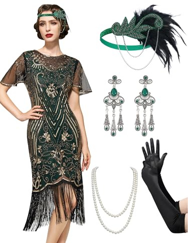 SWEETV Women's 1920s Flapper Dress,Crew Neck Great Gatsby Fringe Dresses with Sleeve Roaring Costumes for Formal/Party/Prom/Club/Wedding,Green,XXL