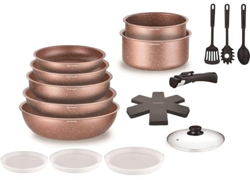Arthur Martin - Batterie 18 pcs - 3 poêles 20-22-26 cm - 2 casseroles 16-18 cm - 1 sauteuse 24 cm - 1 wok 28 cm - 1 couvercle en verre 24 cm