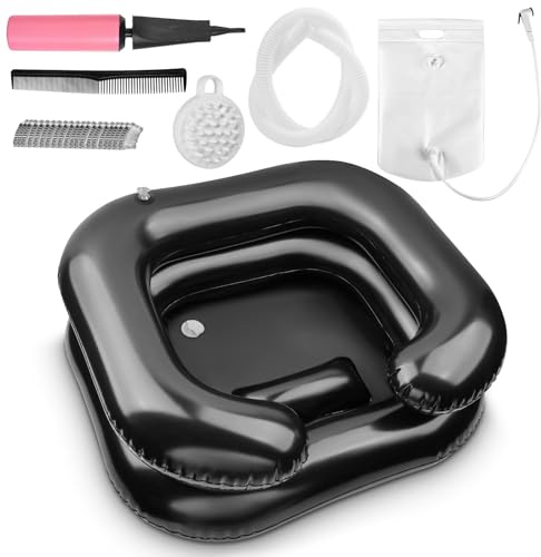 Inflatable Shampoo Basin, Loc Detox Tub for Dreads, Shampoo Buddy Bowl for Bedridden, Disabled,Injured with 2.5 GL Portable Water Shower Bag（Black）